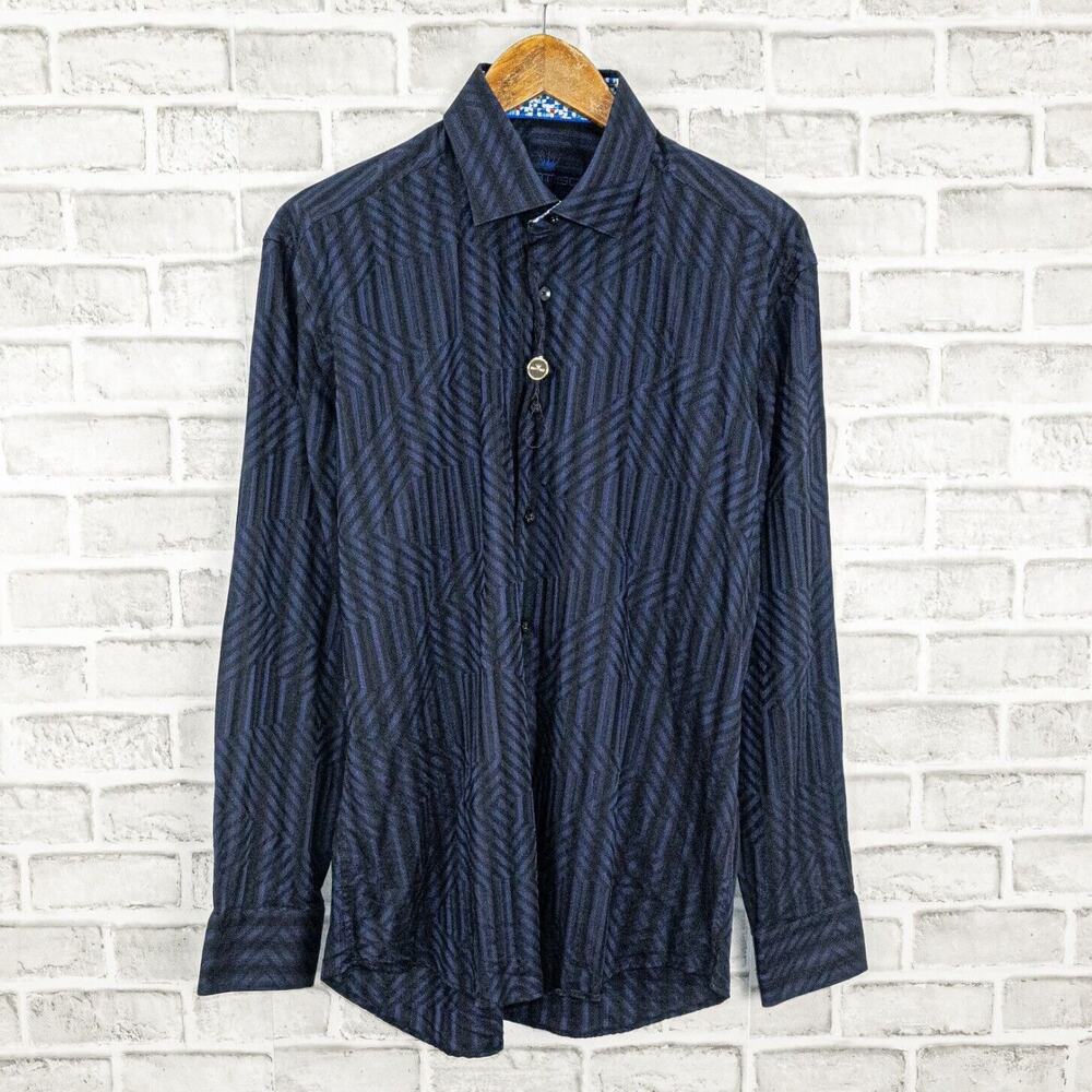 BERTIGO Men's Long Sleeve Button up Shirt Blue Geo Stripe Size Large NWOT